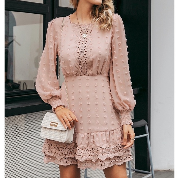 🌴HP🌴 Simplee Vintage Dusty Pink Swiss Dots Guipure Lace Dress - Picture 10 of 12